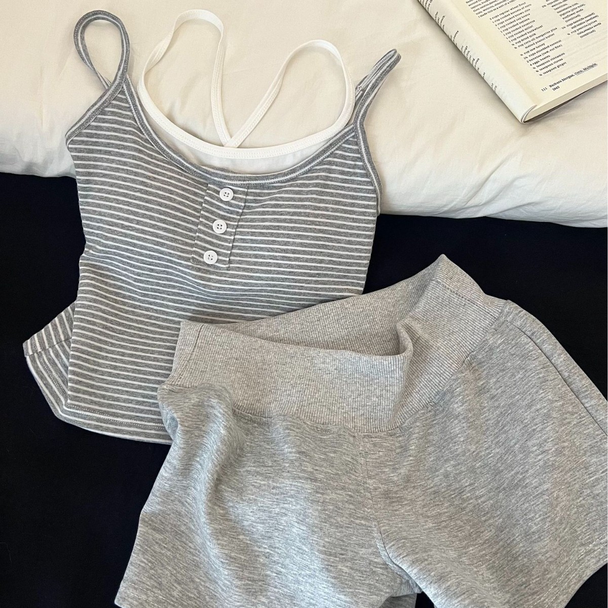 Suspender Tank Top - Bequemes, Einfaches Gestreiftes Gepolstertes Camisole-Nachtwäsche-Set für